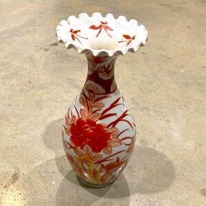 Orange rust white chinoiserie Ceramic Vase with Ruffled Edge. Regency 1970s